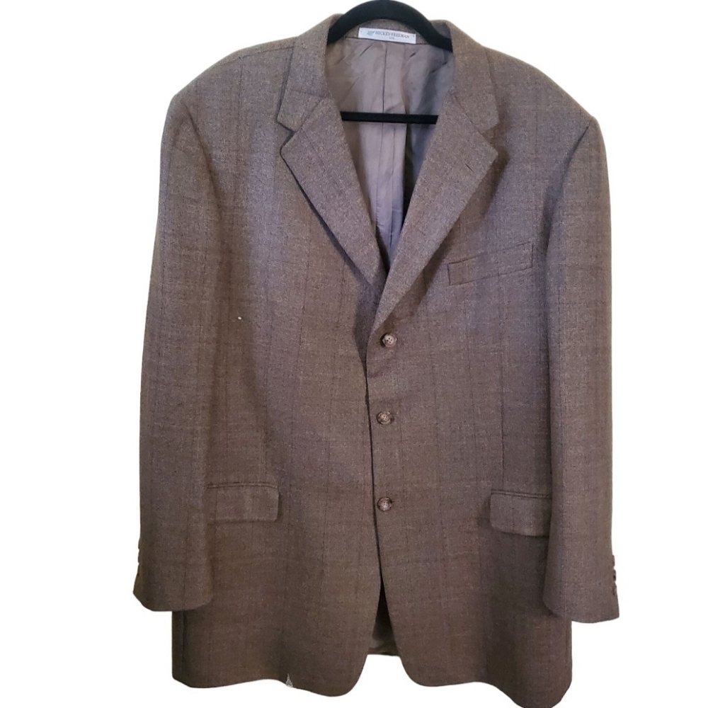 Hickey Freeman Vintage Wool Cashmere Brown Plaid Sport Jacket Size 46L